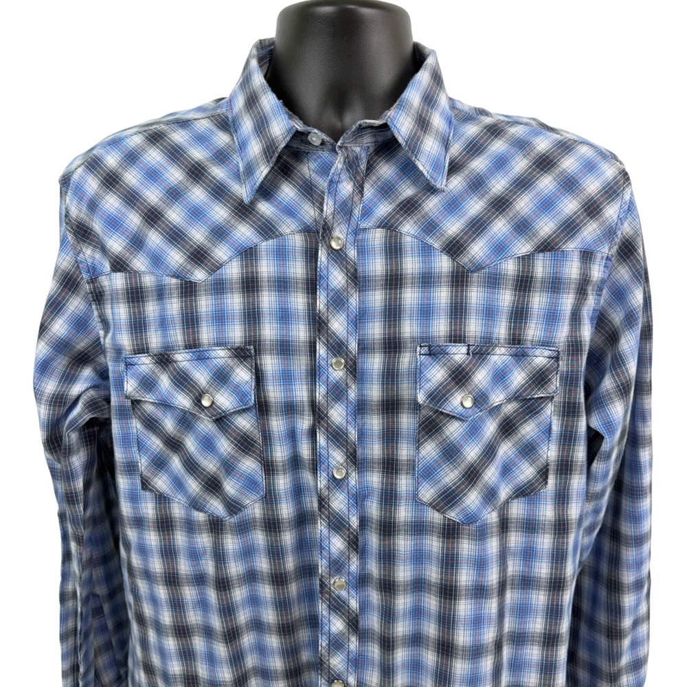 Wrangler Wrancher Mens Large Blue Plaid Pearl Snap Western Long Sleeve Shirt - Picture 2 of 11